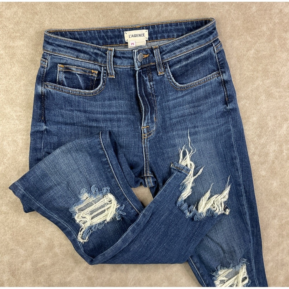 L'Agence Jeans Women Sz 25 High Line Skinny Fringe Distressed Vintage Blue Denim
